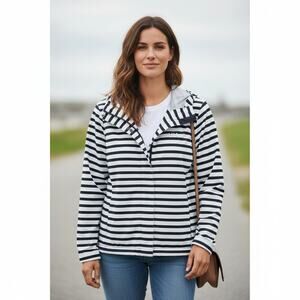 Helly Hansen Striped Rain Jacket Womens Large Hooded Full Zip Blue White Norway